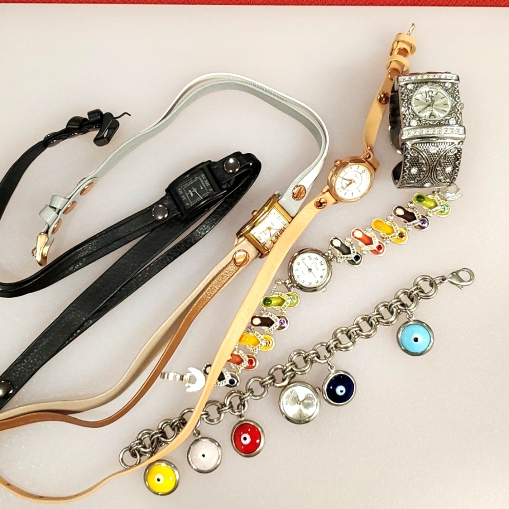 Lot of 6 watches flip flops, wraps, a cuff & charm bracelet all need batteries